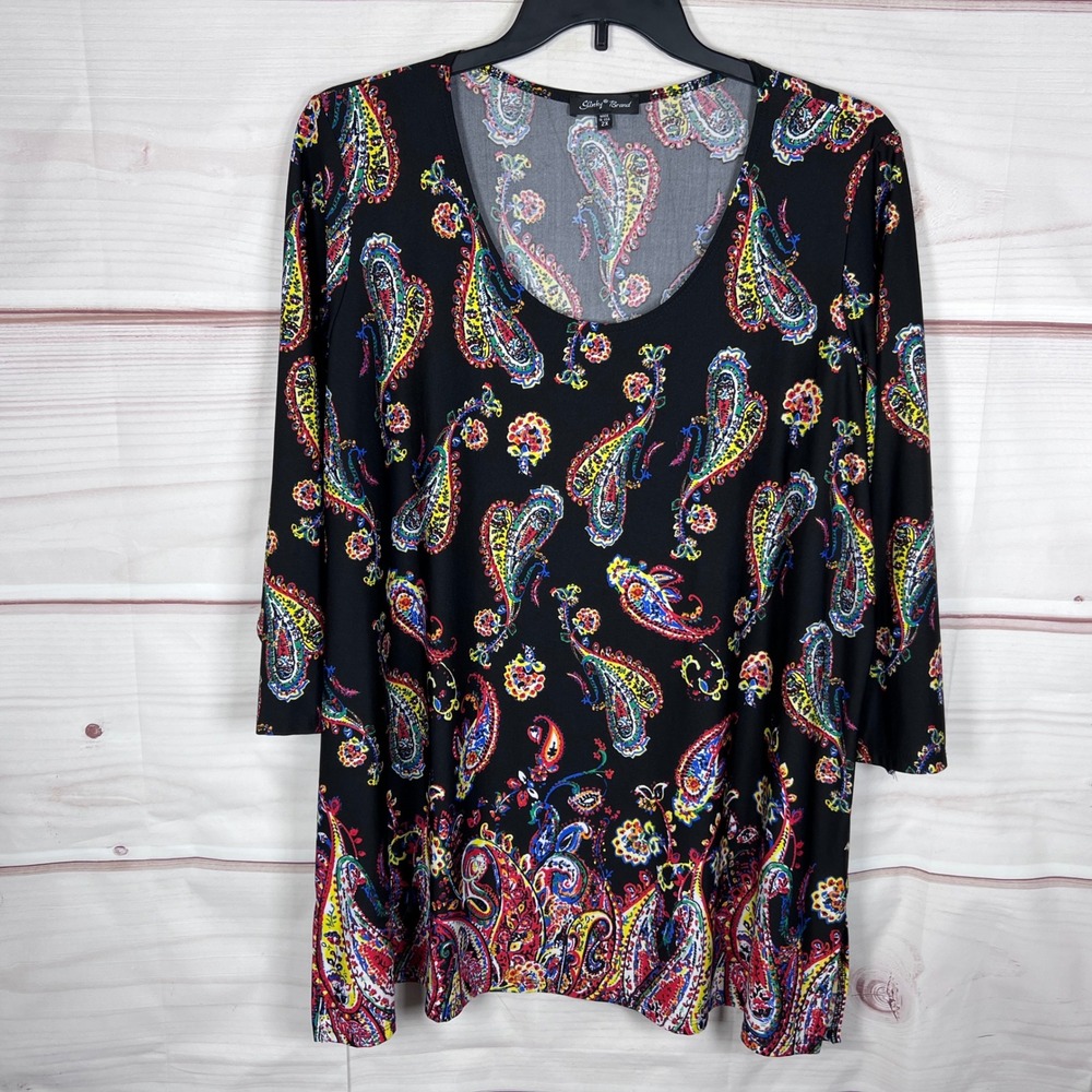 Slinky Brand Tunic Top Womens 2X Black Multicolor Paisley Scoop Neck 3/4 Sleeve